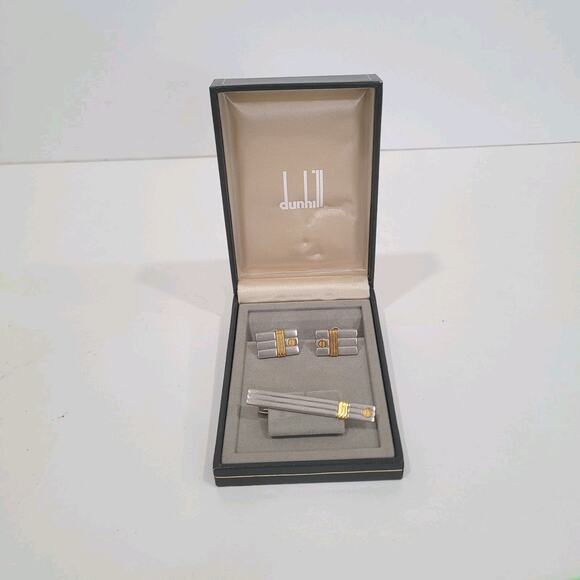 Dunhill Vintage Cufflinks Tie Clasp Clip Bar Set Silver Gold Striped Logo Box - Picture 1 of 16